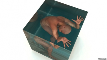 Обнаженный человек в прозрачном кубе